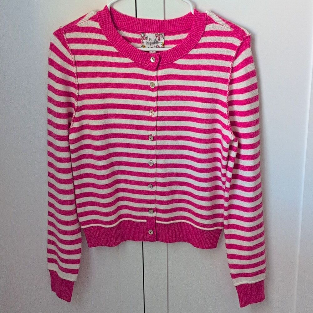 Pink Republic Pink White Striped Button Front Knit Cardigan Sweater Crew S
